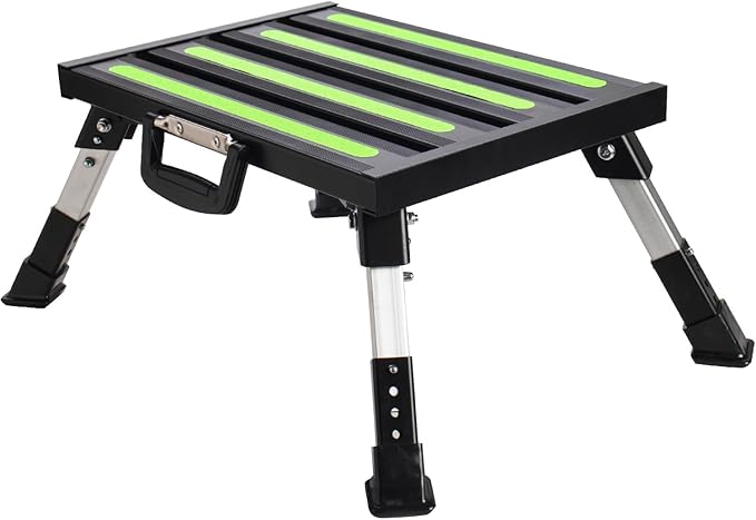 Homeon Wheels RV Step Stool, Adjustable Height Folding Aluminum Platform, Non-Slip Rubber Feet, Reflective Stripe, Handle, RV T Level, 1000 lbs, 16.5" x 12.2", for Trailer, Truck, Outdoor Use, Black