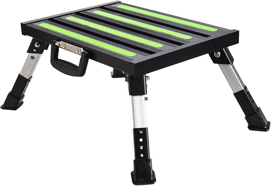 Homeon Wheels RV Step Stool, Adjustable Height Folding Aluminum Platform, Non-Slip Rubber Feet, Reflective Stripe, Handle, RV T Level, 1000 lbs, 16.5" x 12.2", for Trailer, Truck, Outdoor Use, Black