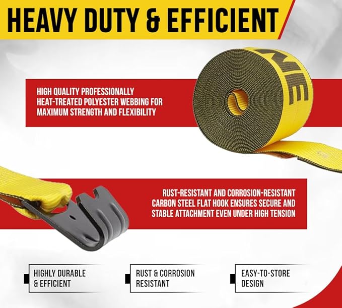 Mytee Products Kinedyne Winch Straps 4" x 30' Gold Heavy Duty Tie Down w/Flat Hooks WLL# 5400 lbs | 4 Inch Cargo Control for Flatbed Truck Utility Trailer (1 Pack)