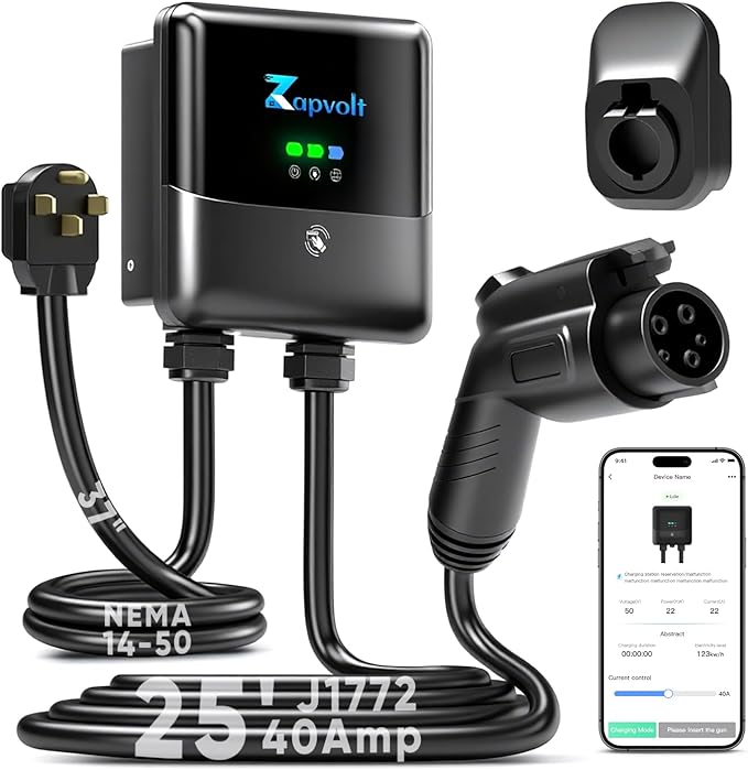 Level 2 EV Charger - 40Amp 240V 25FT Electric Vehicle Charging Station, Cable Smart Wall EV Chargers Level 2 for Home, RFID Card, WiFi Enabled, NEMA 14-50 - 9.6kW EVSE J1772, UL