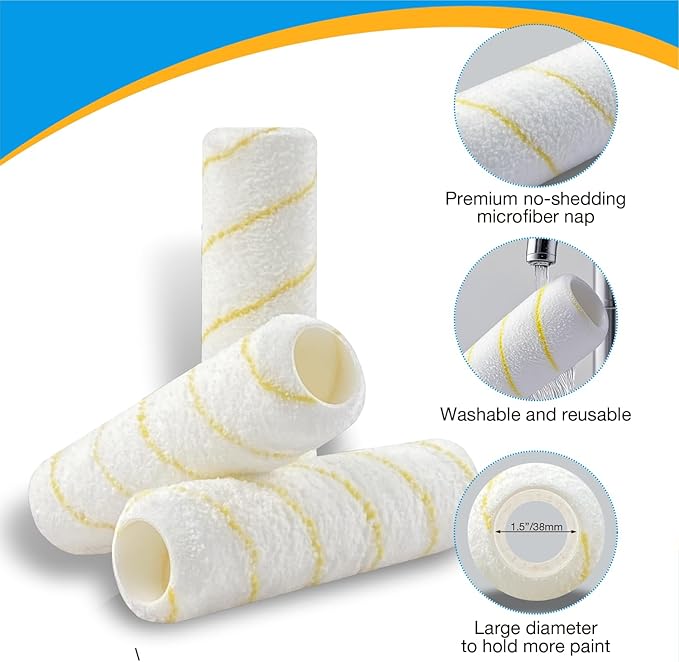 King Origin 9 Inch Microfiber Paint Roller Covers 1/2 Nap - Professional Wall & Ceiling Paint Supplies, 5-Pack Paint Roller Naps for Roller Frame, No Drip Painting Tools for Home