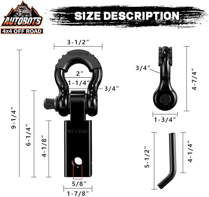 AUTOBOTS Tow Hitch Receiver 2", 45,000 Lbs Break Strength Shackle Hitch Receiver with 5/8" Hitch Pin, 3/4 D Ring Shackle, Towing Accessories for Truck Trailer Recovery Off-Road Black&Black