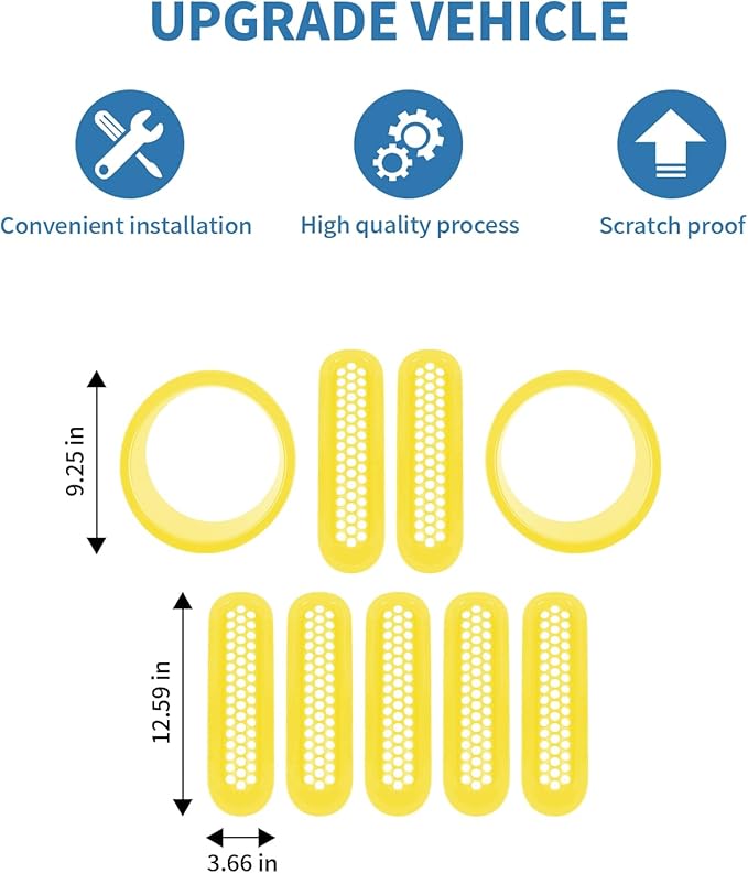 for Jeep JK Front Grille Inserts & Headlight Cover Trim Ring for Jeep Wrangler JK JKU 2007-2017 Yellow Exterior Accessories 9pcs