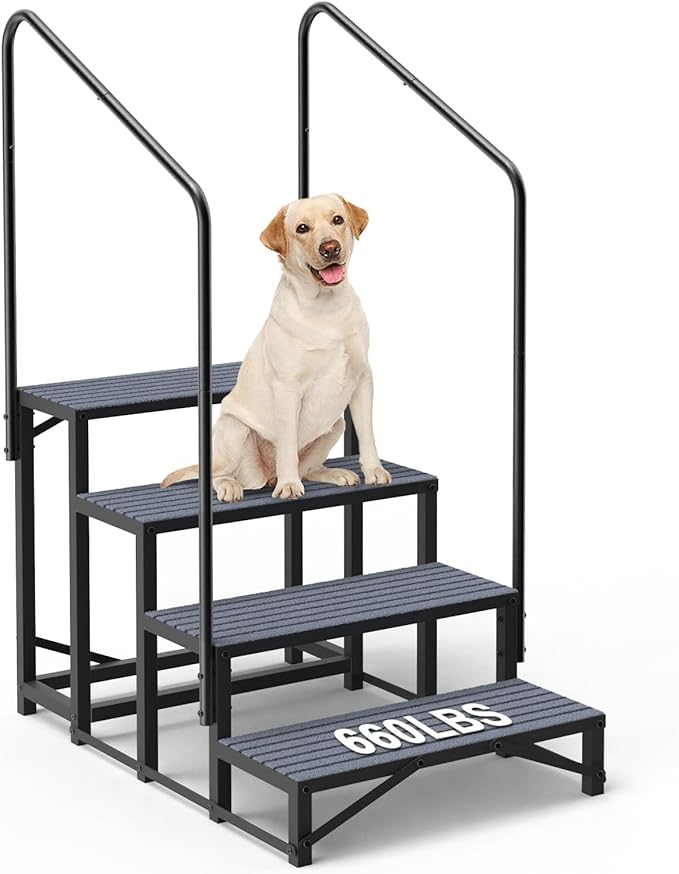 4-Step RV Steps with Dual Handrails, Heavy-Duty Mobile Home Steps, RV Stairs for Camper, Hot Tub, Pool, Trailer & Porch with Non-Slip Mats