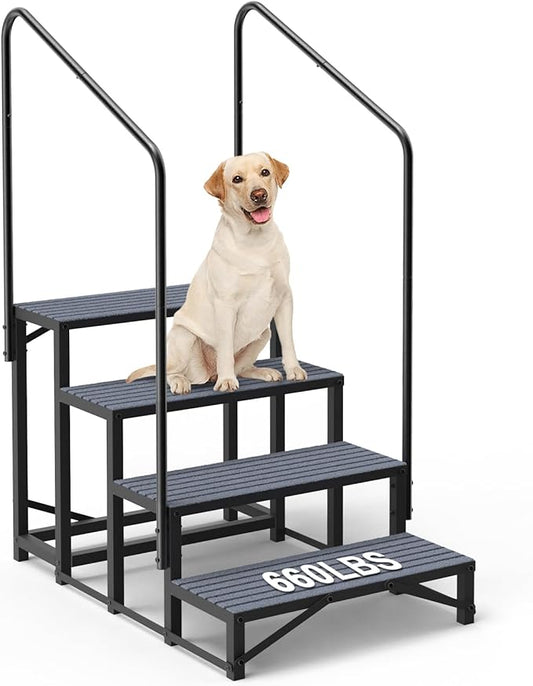 4-Step RV Steps with Dual Handrails, Heavy-Duty Mobile Home Steps, RV Stairs for Camper, Hot Tub, Pool, Trailer & Porch with Non-Slip Mats