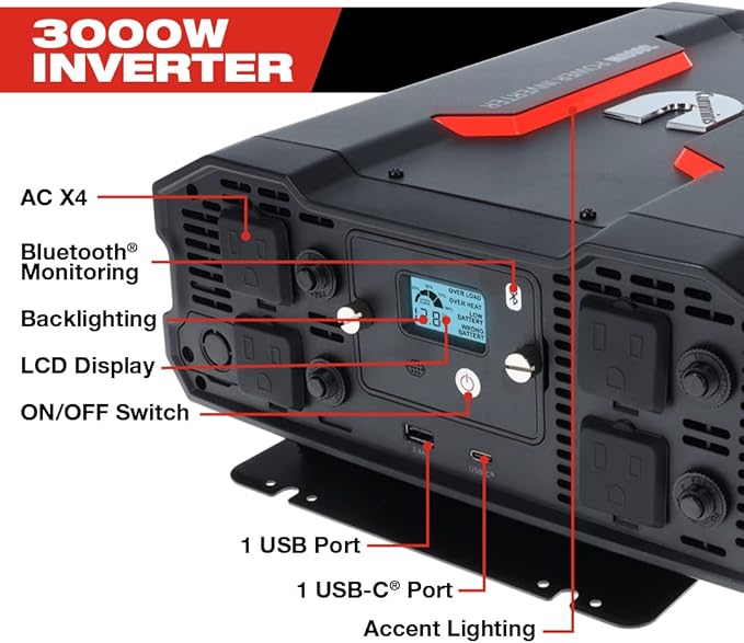 Cummins 3000 Watts Inverter Modified Sine Wave Truck Inverter 12 Volts to 110 Volts Four AC Outlets Two USB Ports (Plus Cable Kit)- CMN3000W - Inverters for Vehicles, Van Life, Camping