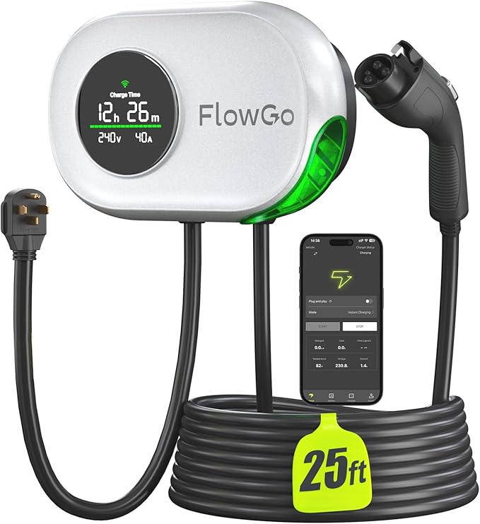 Level 2 EV Charger 40A Smart Electric Car Home Charger Motion-Activated Display 240V with NEMA 14-50 Plug J1772 Connector 25FT Cable APP and WiFi Vehicle Charging Stations ETL Listed