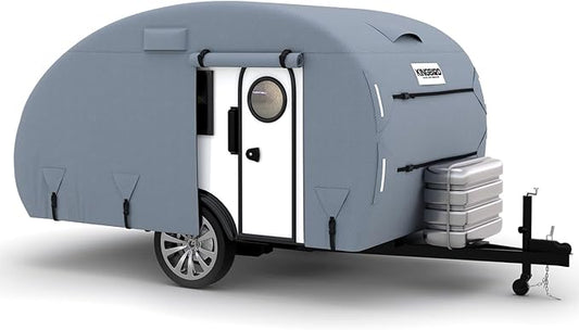 KING BIRD Heavy Duty Teardrop Travel Trailer Cover Fits 10'-12' Trailers, 5 Layers Top Waterproof Camper Cover with Windproof Strap for R-Pod Trailers, Clamshell Trailers