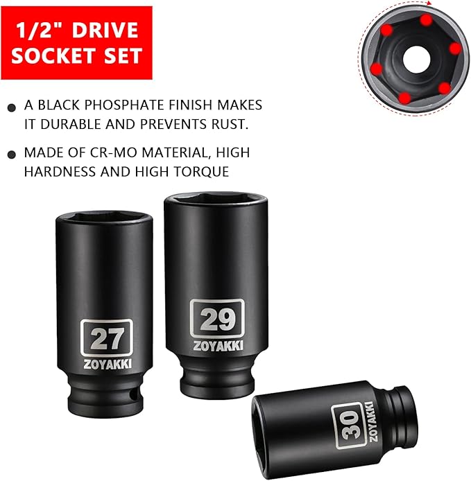 10 PCS 1/2" Drive Impact Lug Nut Socket,Standard Metric Size(21to 44mm),Standard Deep Socket Set CR-MO Material Adapter Setwith Durable Case for lmpact Driver Conversions(Upgraded)