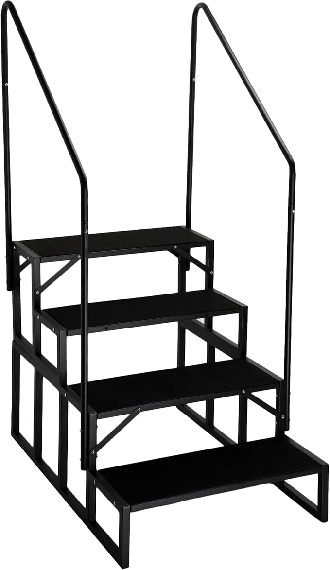 RV Steps with Dual Handrails, 4 Step Spa Hot Tub Steps with Anti-Slip Pedals, 400lbs Load Capacity, Universal Portable Mobile Home Stairs Steps for 5th Wheel RV, Spa, Porch, Pool, Travel Trailers