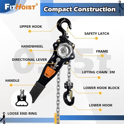 1 Ton Chain Hoist 2200LBS Capacity 10Ft Lift Manual Lever Chain Hoist Manganese Steel G80 Chain w/ 2 Heavy Duty Hooks, for Open-Air and Confined Space Lifting