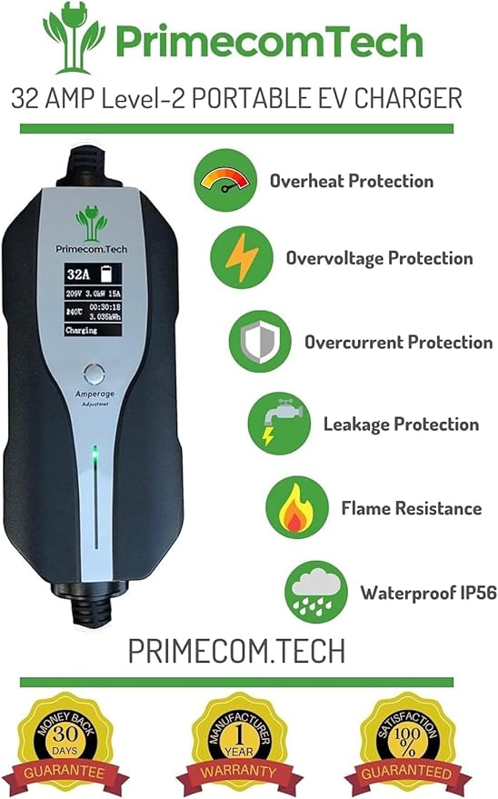 PRIMECOMTECH 32Amp & 40Amp Primecom Level 2, Electric Vehicle (EV) Charger, 240V, 32A/40A, NEMA 14-50, 6-7X Faster Than Level 1, 26/33 Miles Range Per Hour, 30/40/50 Feet Lengths, Tesla Compatible