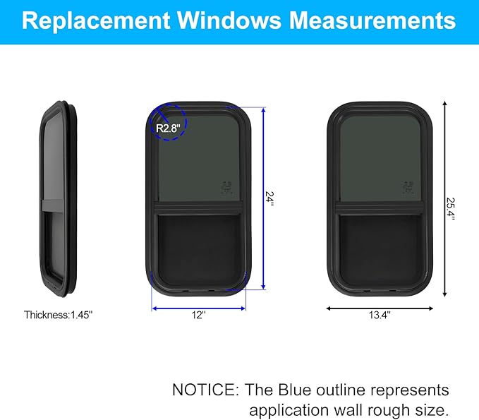 2 Pack 12" W x 24" H RV Window Vertical Sliding, DOT Certified - Shatterproof Tempered Tinted Glass, with Net Screen and Trim Ring, Teardrop Replacement Trailer Camper Window