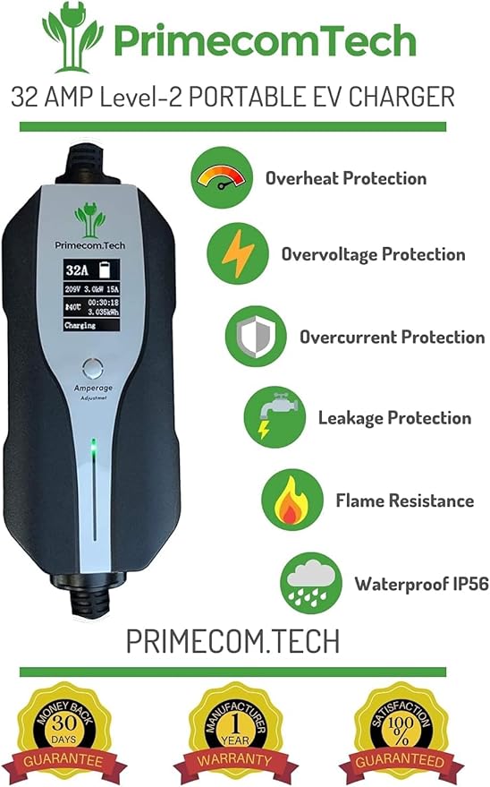 30 Feet Level 2 Primecom Electric Vehicle (EV) Charger (220/240V, 32Amp/40Amp) 32 and 40 Amp 6-50P. 10-50P & 14-50P (6-50P, 32 Amp) for Tesla