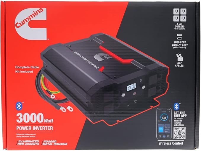 Cummins 3000 Watts Inverter Modified Sine Wave Truck Inverter 12 Volts to 110 Volts Four AC Outlets Two USB Ports (Plus Cable Kit)- CMN3000W - Inverters for Vehicles, Van Life, Camping