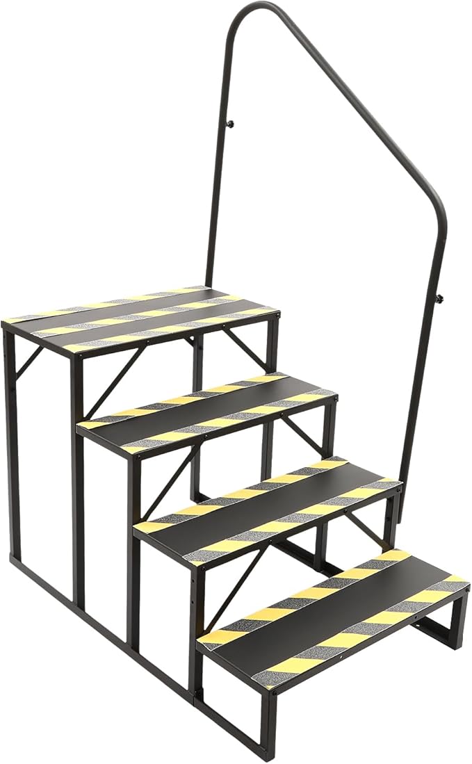 4 Step RV Stairs, Hot Tub Steps, Outdoor Spa Step Ladder with Handrail, Portable Wheel Stair W/Reflective Strips for Travel Trailer, Motor Home, Camper and Porch