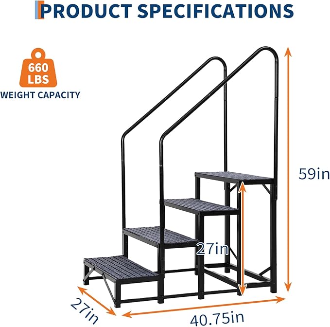 Portable 4-Step RV Stairs with Handrails, RV Steps Ladder with Non-Slip Mats, for Travel Trailers, Campers, Hot Tubs, Porch, Pool, Pets