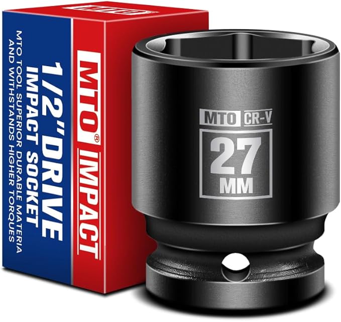MTO 1/2" Drive 27mm Shallow Impact Socket, 6-Point Metric Socket for Automotive Maintaince, CR-V Steel Meets ANSI Standards