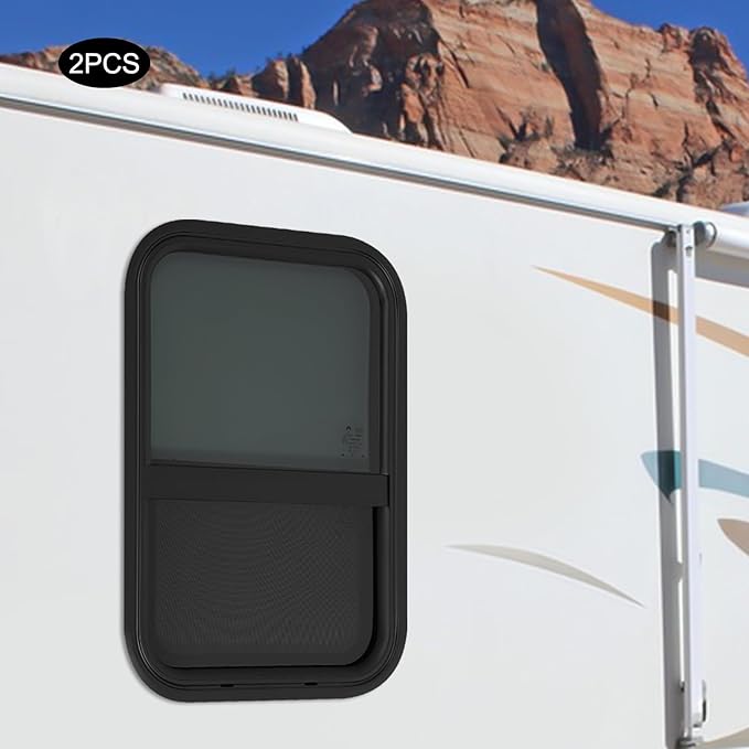 2 Pack RV Window Teardrop Style, 15" X 22" Universal RV Window Vertical Slide With 2 Trim Ring, Vertical Sliding Glass Window with Screen Window for Cargo, Horse Trailer (15"Wx22"H（2 pack）)