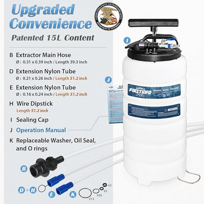 FIRSTINFO A1106USY3 Patented 15L / 3.9 Gallon Taiwan Pneumatic/Manual Oil Vacuum Extractor | Oil Change Pump | 47 Inch Tube