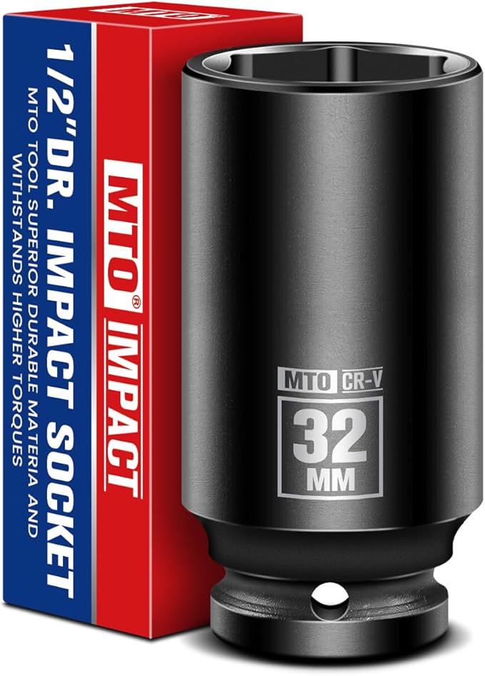 MTO 1/2" Drive 32mm Deep Impact Socket, 6-Point Metric Socket for Automotive Maintaince, CR-V Steel Meets ANSI Standards
