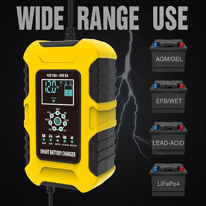 12V/24V 10-Amp Car Battery Quick Charger for Wet/GEL/SLA/LiFePO4/Lead-Acid/AGM Batteries, 7-Stage Multifunctional Battery Charger/Maintainer, for ATVs/Golf Cart/Motorcycle/Automobile/Marine etc