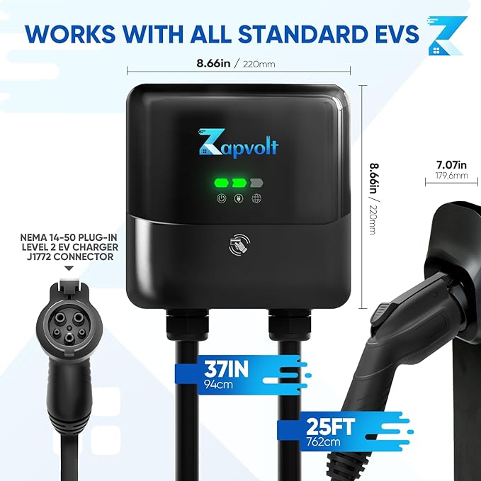 Level 2 EV Charger - 40Amp 240V 25FT Electric Vehicle Charging Station, Cable Smart Wall EV Chargers Level 2 for Home, RFID Card, WiFi Enabled, NEMA 14-50 - 9.6kW EVSE J1772, UL
