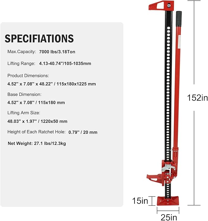 3 Ton Heavy Duty Farm Jack, 7000 Lb Capacity Ratcheting Off Road Utility Farm Jack for ATVs, Utility Vehicles, Off-Road Vehicles, Tractors, Trucks