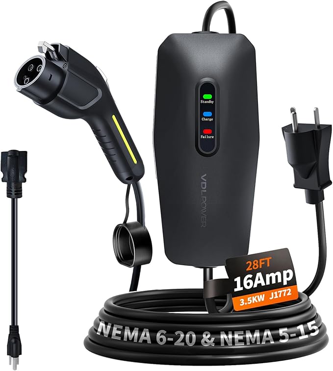 Level 1/2 EV Charger 16Amp, Electric Vehicle Portable Charger with 28FT Cable, 3.5KW Home EV Charging Station for J1772 Electric Cars,110V-240V, NEMA 6-20 & NEMA 5-15 Plug