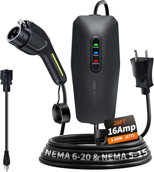 Level 1/2 EV Charger 16Amp, Electric Vehicle Portable Charger with 28FT Cable, 3.5KW Home EV Charging Station for J1772 Electric Cars,110V-240V, NEMA 6-20 & NEMA 5-15 Plug