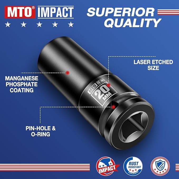 MTO 1/2" Drive 20mm Deep Impact Socket, 6 Pt. Metric Socket, CR-MO Steel & Anti-Corrosion Coating for Heavy-Duty Use