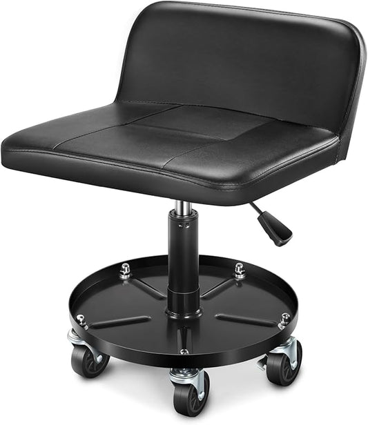 DNA Motoring Rolling Padded Seat Adjustable Height Seat 330lbs Capacity Rolling Mechanic Creeper Stool, W/Tool Storage Drawer & Tray, Black, TOOLS-00601
