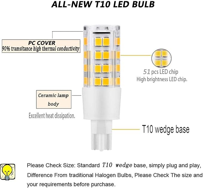 12 Volt 921 Wedge Replacement LED Bulb, T10 12V Interior Lighting RV Light Bulbs for Trailer Motorhome 5th Wheel, 400LM Marine Boat Dome Light Replacement(5Pack, 3000K Warm/Soft White)