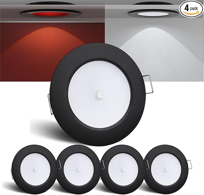 3" LED 12V Push Lights w/Built-in Switch Interior Bi-Color 12 Volt Red LED Puck Light Full Aluminum RV Dimmable Flush Mount Light for Camper, Boat, Trailer 4Pcs (Black, Cool White)