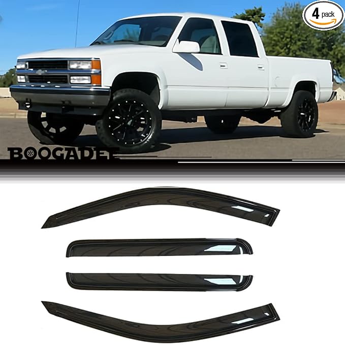 Original 4pcs Wind Deflectors, Outside Mount Rain Guards,Window Visors fit on 92-00 Chevy/GMC C/K 1500/2500/3500 Crew Cab Pickup 92-99 Suburban 95-99 Tahoe/Yukon 99-00 Escalade 94095