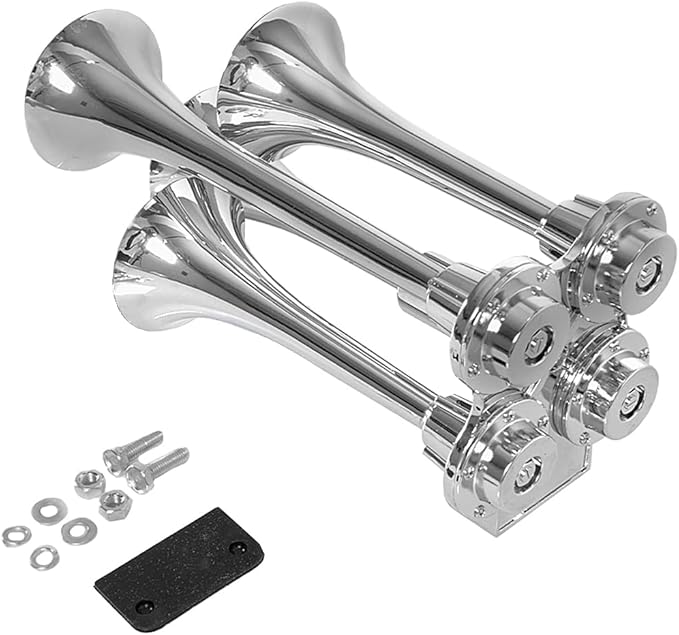 12V/24V Chrome Universal 150DB Super LoudTrain Air Horn Kit, 4 Trumpet Chrome Design for Trucks, Pickups, Cars, and Boats, 11.8/11.8/9/9 inch
