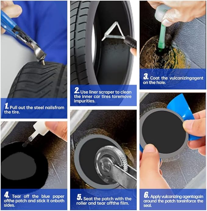 60 Pieces Tire Patch Kit 32 mm 42 mm 58 mm Tire Repair Kit with Tire Patch Roller Scraping Cutter Tire and Tube Patches Tire Repair Tools for Car Truck Motorcycle Bike Wheel