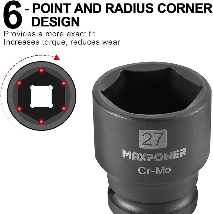 MAXPOWER 1/2 Inch Drive 27mm Standard Impact Socket, Made with Heat-Treated Chrome Molybdenum Steel, 6-Point Design, Metric