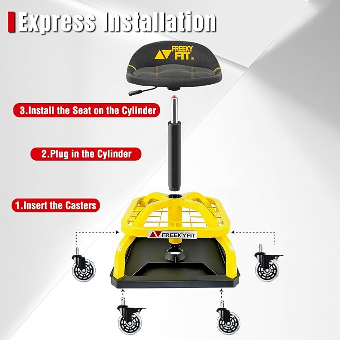 Rolling Shop Stool with Wheels, Garage Work Mechanic Stool with Backrest, Roller Mechanic Chair, Adjustable Height, 360° Swivel, Tool Tray Storage, 330 LBS Capacity, Heavy Duty, Yellow