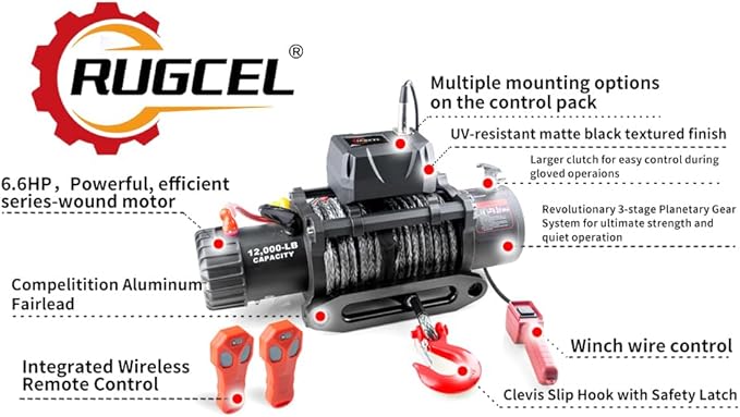 RUGCEL WINCH 12000lb 12V Truck Waterproof Electric Black Synthetic Rope Electric Winch with Hawse Fairlead,Wired Handle,2 Wireless Remote Control, Trailer Winch