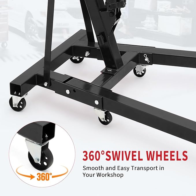 2-Ton Folding Engine Hoist Cherry Picker 4400 Lb Capacity Hydraulic Shop Crane with Telescoping Boom 6 Caster Wheels for Automotive Repair Garage Use Includes Hitch and Storage Stand Black