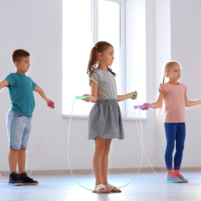 Aoriher Jump Rope for Kids Stripe Ropes with Plastic Handles 8.2 Feet Nylon Adjustable Weighted Braided Fitness Skipping Jump Rope for Outdoor Exercise Sport Party Equipment, Assorted Colors
