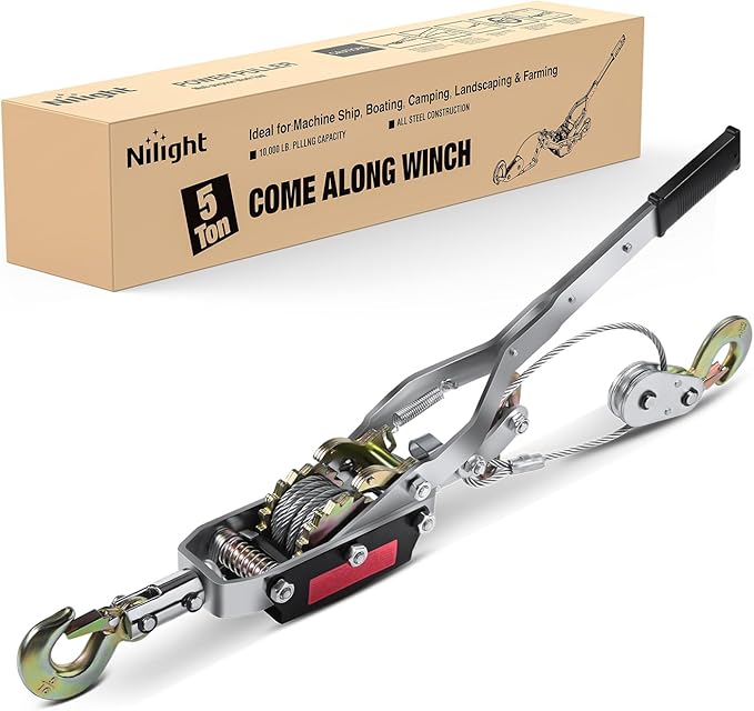 Nilight Come Along Winch 5 Ton /10,000 Lbs Heavy Duty Come Along Cable Puller Hand Winch Tool with 10 Ft Rope Double Gear 3 Hook for Lifting Pulling Road Vehicle Recovery Automotive Hoist Winch Puller