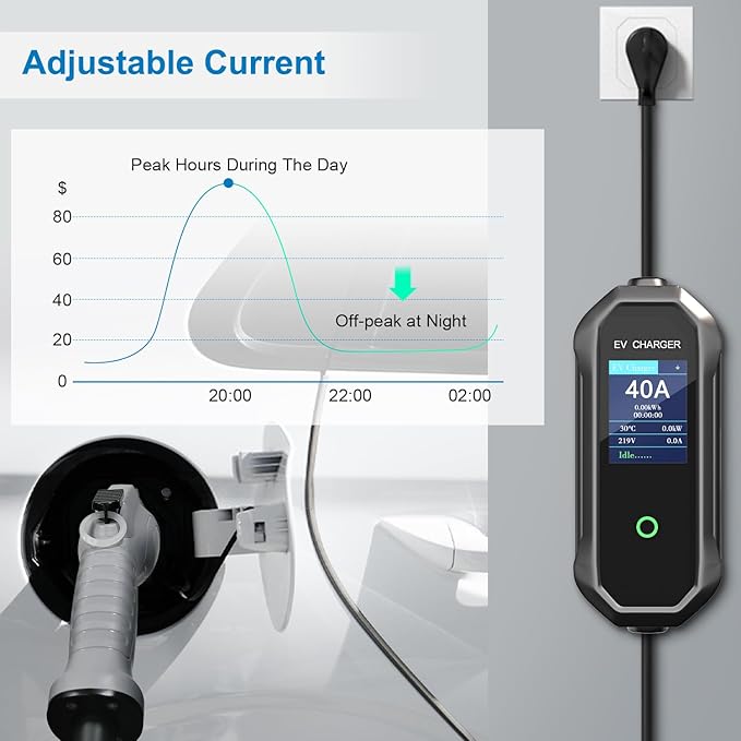 40 Amp Level 2 / Level 1 Portable EV Charger Station for SAE J1772 EV Cars (240 Volt, 23ft Cable), FCC and UL Certified, with NEMA 14-50 plug and 5-15 to 6-20 plug options and J1772 to Tesla adapter