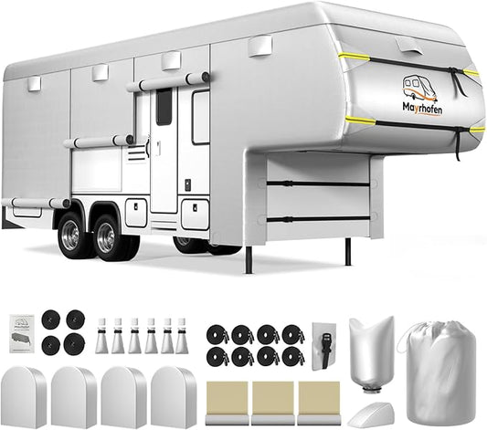 600D Oxford Fabric 5th Wheel Cover 26-29ft RV Cover, 6 Layers Breathable Waterproof Rip-Stop Camper Cover with Adhesive Repair Patches, Gutter, Tire & Additional Straps