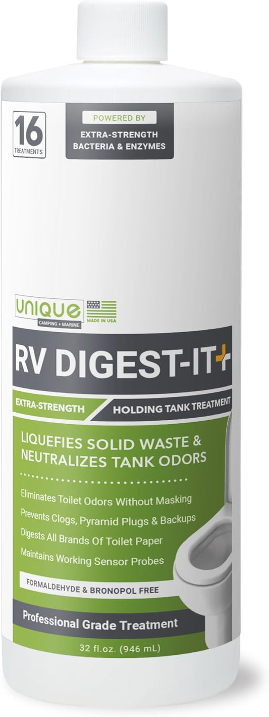 Unique RV Digest-It+, Extra-Strength RV Toilet Treatment - Liquifies Waste and All Brands of Toilet Paper - Odor Eliminator (32 oz)