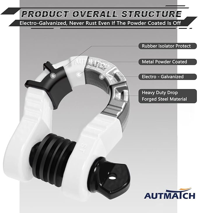 AUTMATCH D Ring Shackles 3/4" Mega Shackle (2 Pack) 68,000Ibs Break Strength - Heavy Duty Clevis Shackles with 7/8" Screw Pin and Isolator Washer for Tow Strap Winch Off Road Vehicle Recovery, White