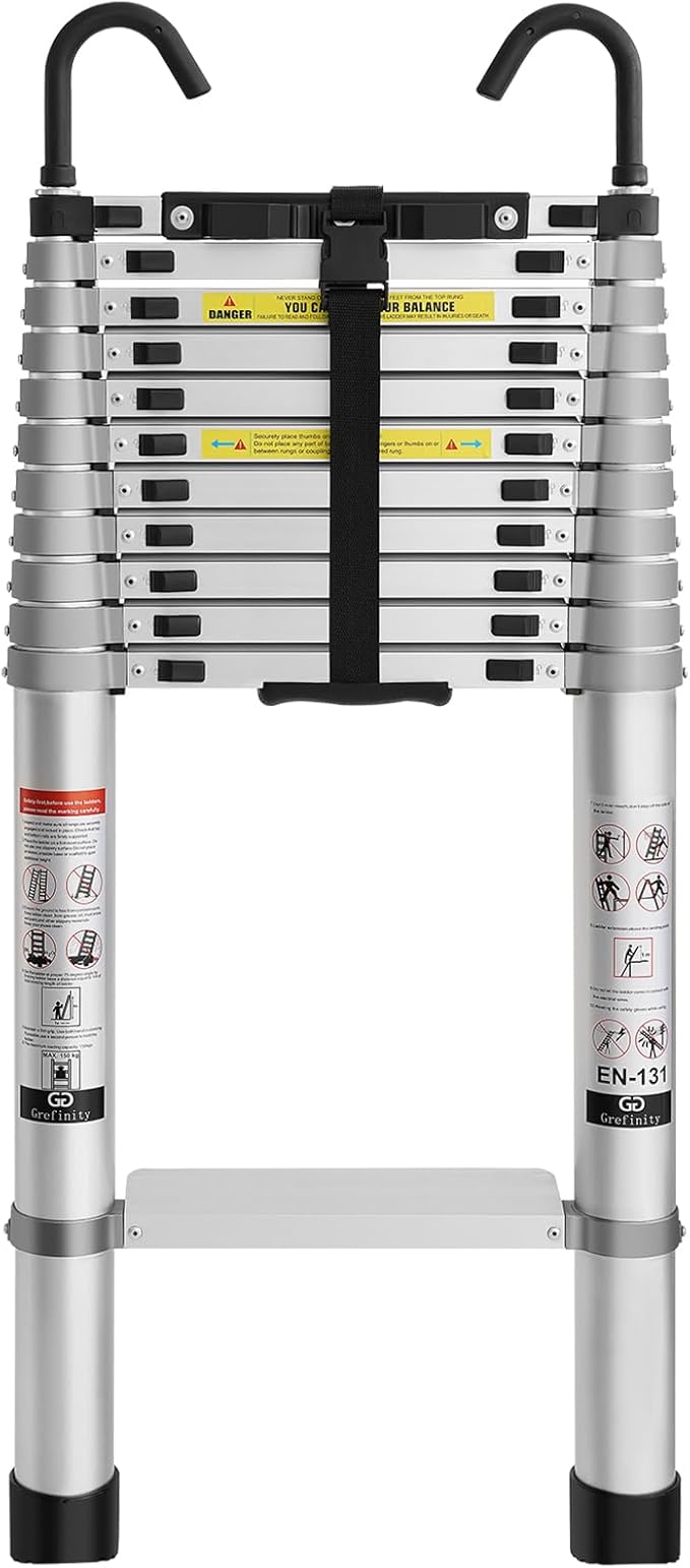 15 FT Aluminum Telescoping Ladder with Hooks, Extension Ladder with Reinforced Alloy Joints, 400 lbs Load Capacity with Non-Slip Feet, Compact Portable for Home, RV, Attic and Roof Use