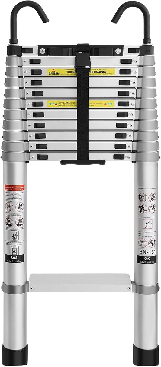 15 FT Aluminum Telescoping Ladder with Hooks, Extension Ladder with Reinforced Alloy Joints, 400 lbs Load Capacity with Non-Slip Feet, Compact Portable for Home, RV, Attic and Roof Use