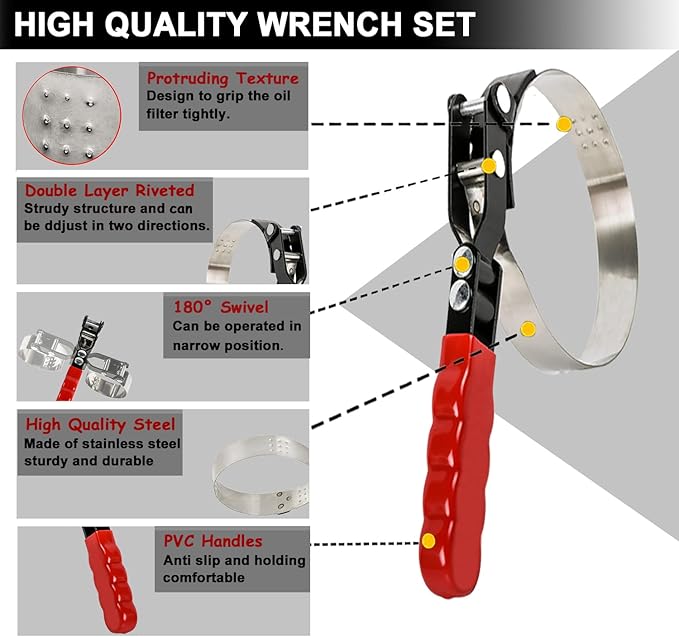 9pcs Oil Filter Wrench Set, 9" and 12" Oil Filter Pliers with Oil Snap Funnel for Automotive Oil Change, Adjustable Oil Filter Removal Tool From 1-3/4" to 6"